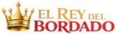 Logo of 'El Rey del Bordado' with a gold crown on a black background